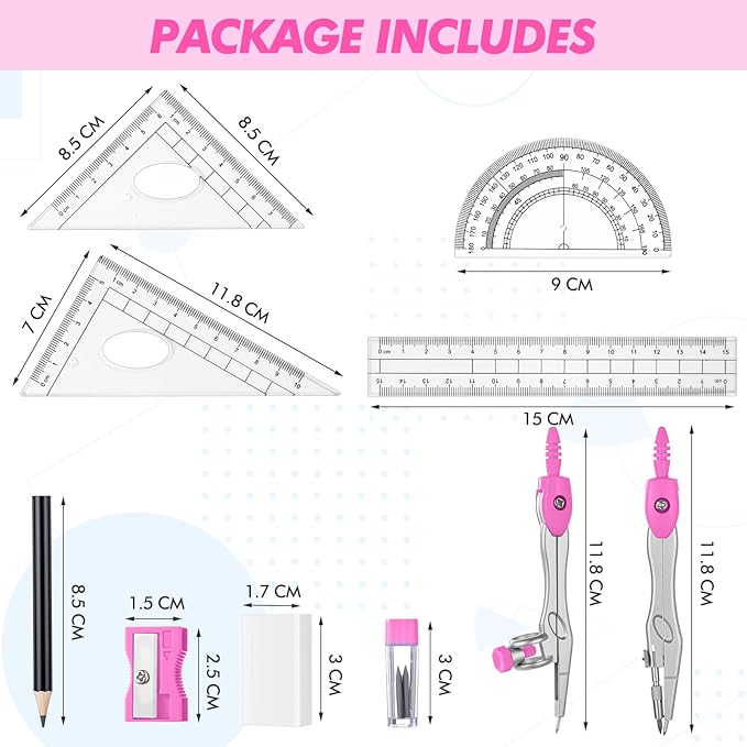 Zonon Math Geometry Set 10 Pcs Student Supplies with Shatterproof Storage Box, Includes Rulers Protractor Compass Pencil Sharpener Lead Refills Eraser Pencil for Drafting and Drawings(Pink)-DeskLoop Office