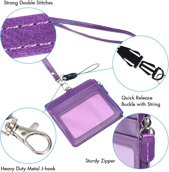 Badge Holder with Zip, Wisdompro 2-Sided PU Leather ID Badge Holder with 1 ID - Image 3