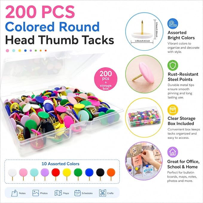 200 PCS Colored Round Head Thumb Tacks – Plastic Push Pins - Image 2