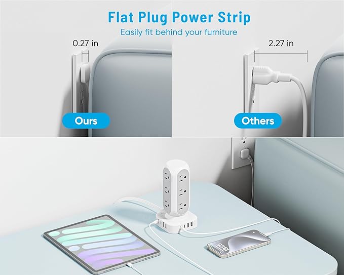 Flat Plug Power Strip Tower, 40W Total Fast Charging Station, Dual PD 20W USB-C Surge Protector with 12 AC Outlets and 8 USB Ports (4 USB C), 15FT Extension Cord for Home Office Dorm Room-DeskLoop Office