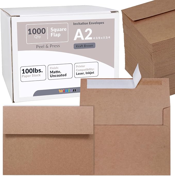 1000 Pcs A2 Invitation Envelopes in Kraft Brown Peel & Press Self Seal 4 3/8 x by Winlyn