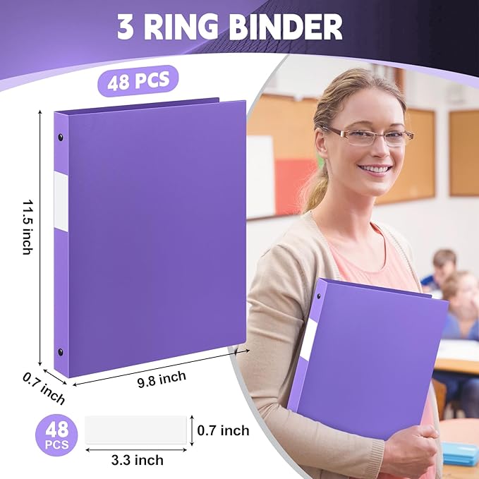 Henoyso 48 Pcs 3 Ring Binder 1/2'' Round Fits Letter Size 8. 5'' x 11'' Paper Plastic Flexible Binder Holds 100 Sheets with 1 Pockets Versatile Organizer for Office Home School (Purple)-DeskLoop Office