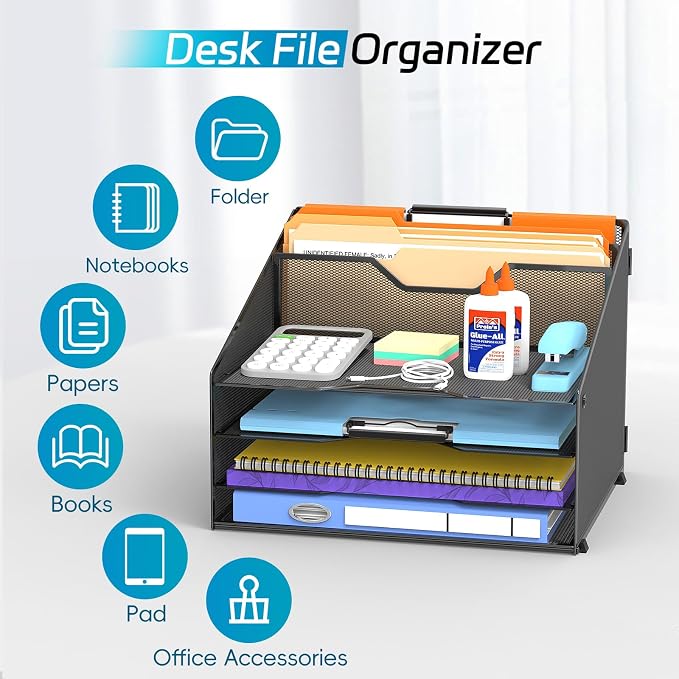 Desk File Organizer, 4 Letter Trays and 2 Upright Sections, school and - Image 3