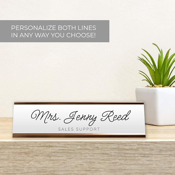 Personalized Black And White Script Desk Plate / 8" x 2" Custom Office Desk - Image 3