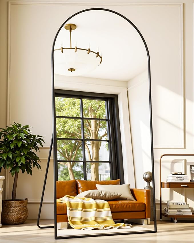 Full-Length Floor Mirror with Stand, 71"x32" Arched Style Full Body Standing Mirror for Bedroom, Living Room, Gym, Dorm - Shatter-Resistant & Easy Assembly, Black-DeskLoop Office