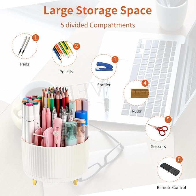 Desk Pencil Pen Holder, 5 Slots 360°Degree Rotating Pen Organizers - Image 3