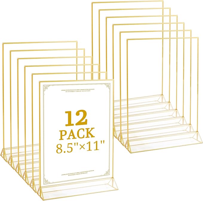 Floroom 12 Pack 8.5x11 Inch Clear Acrylic Sign Holders, Double-Sided Gold by Floroom