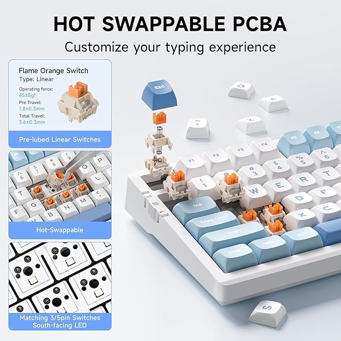 G98 PRO Wireless Gaming Keyboard, Tri-Mode Connection Mechanical Keyboard, Hot Swappable Custom Gasket Structure, Pre-lubed Linear Switches, Double Shot PBT Keycaps, RGB LED Backlit, Blue&White-DeskLoop Office