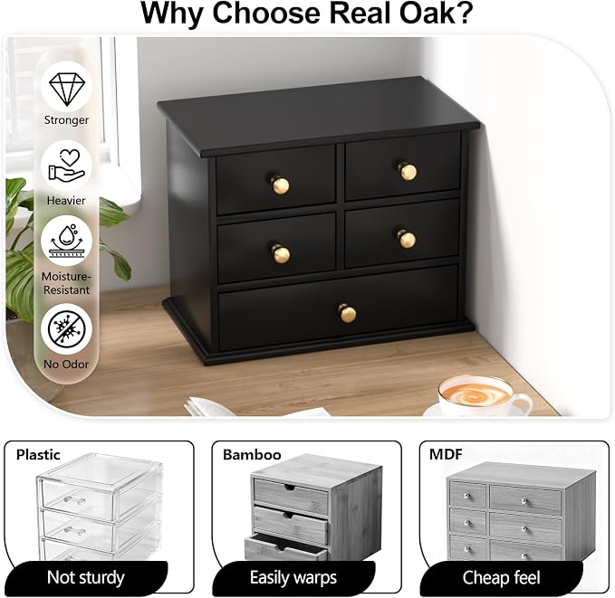 Oak Desk Organizer with Drawers, Durable Wooden Desktop Storage Box with Metal - Image 3