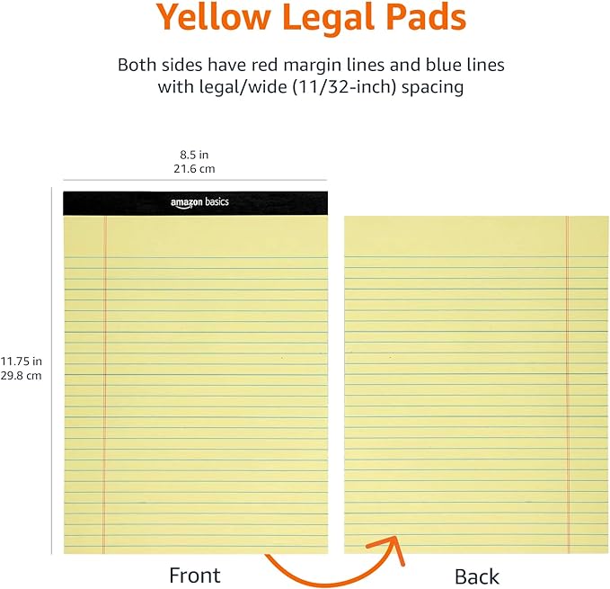 Amazon Basics 50 sheet Wide Ruled Lined Writing Note Pad, 8.5" x 11.75", 12-Pack, 600 Perforated Sheets, Canary-DeskLoop Office