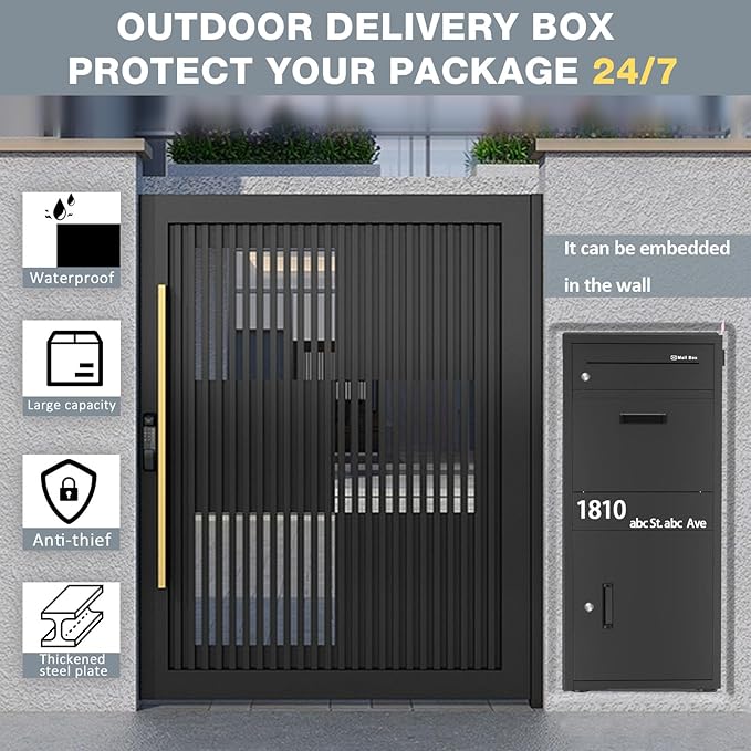 Package Delivery Boxes for Outside, Large Parcel Drop Boxes with Lock, Customize Address Stickers Package Drop Boxes for Outside is Waterproof,Package Delivery Box for Porch (Black，40"*17.7"*15 in)-DeskLoop Office