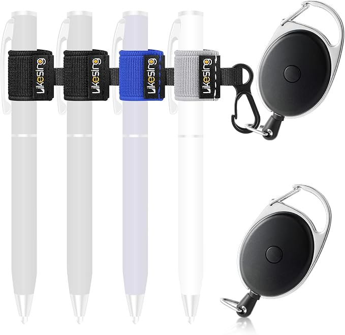 Likesing 4 Black Retractable Pen Holder, 27.5" Reel Elastic Pen Leash by Makelifethewayyoulike