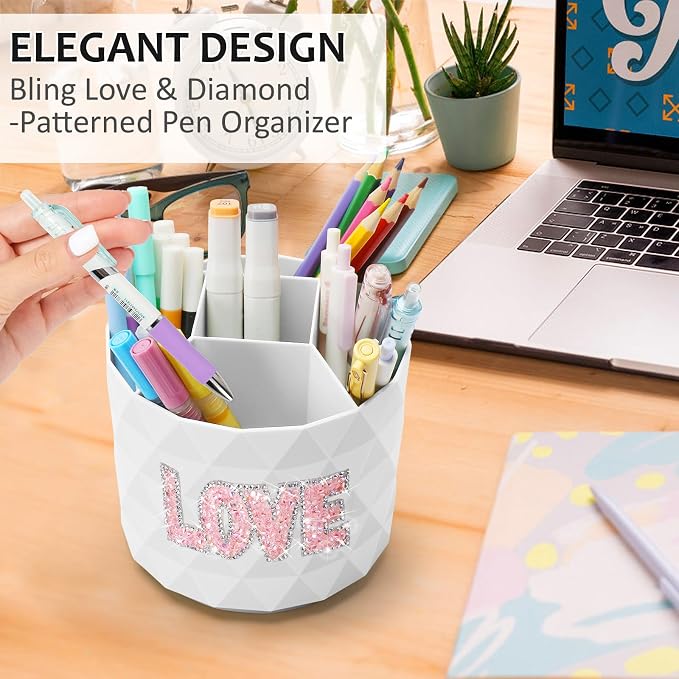Bling Desk Organizer, Glitter Love Rhinestone Rotating Pencil Pen Holders - Image 2