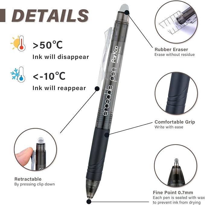 ParKoo Retractable Erasable Gel Pens Clicker Fine Point 0.7 mm, No Need - Image 2