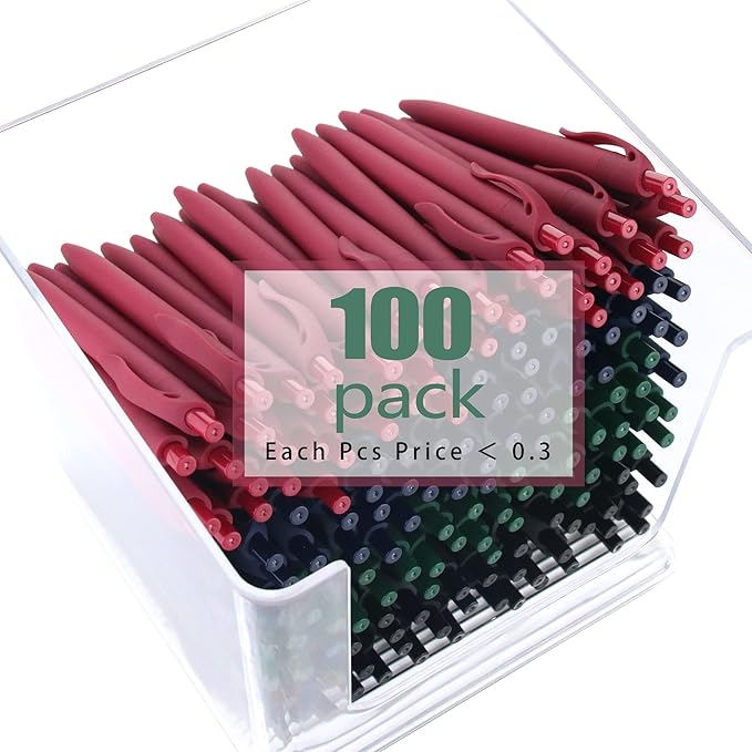 Deegtran 100 Pack No Bleed Red Barrel Click Pens, Wholesale Retractable Ballpoint Pens, Medium Point, Smooth Ink, 1.0MM Black Ink