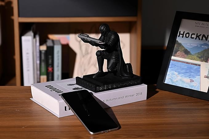 Windbreaker Soldier Knight Pen Holder Personalized Desk Accessory, Mobile Phone & Gaming Controller Holder, Device Stand Gift for Medieval Enthusiasts (Black)-DeskLoop Office