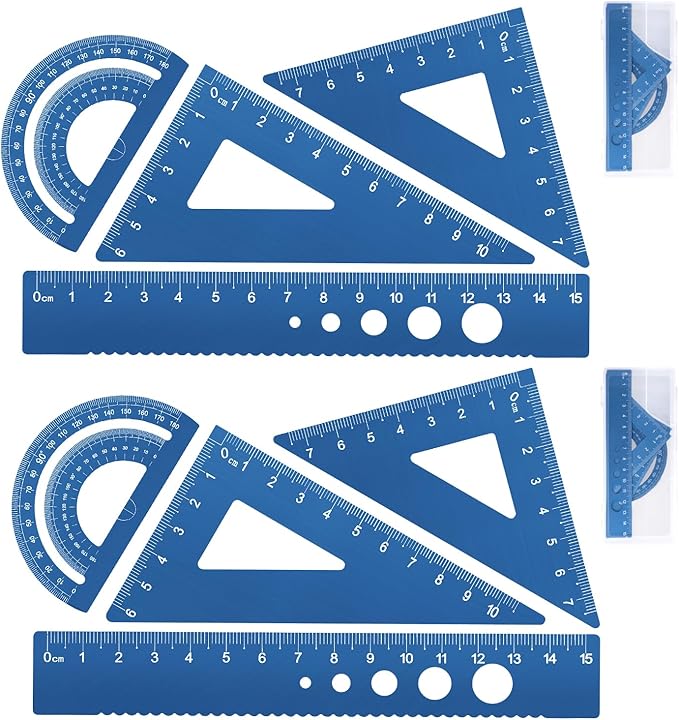 Honagu Triangular Ruler Set, 8 Pieces/2 Sets Aluminum Alloy Ruler, Metal Drafting Ruler, Geometric Protractor for Students, Draftsmen, Engineers, School Office Supplies (Blue+Blue)-DeskLoop Office