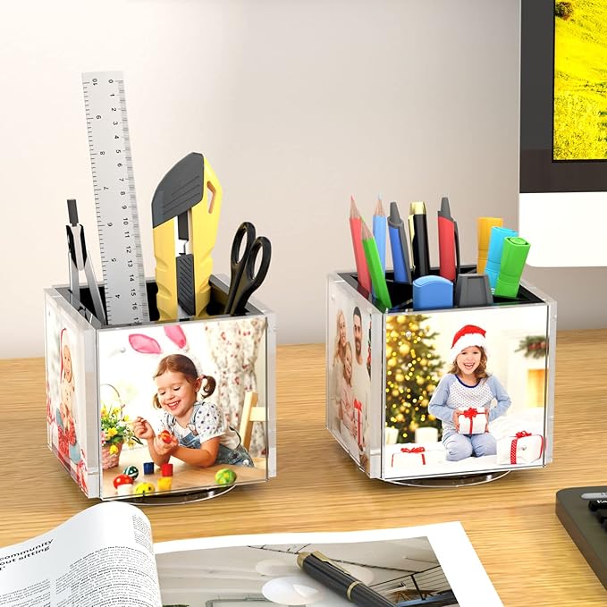 HIIMIEI Acrylic Rotating Pen Holder for Desk, Pencil Holder Picture Frame Holds 4 Family Photos of 4"x4", Desk Pen holder Organizer for Office, Classroom, Home, Kids (Black)-DeskLoop Office