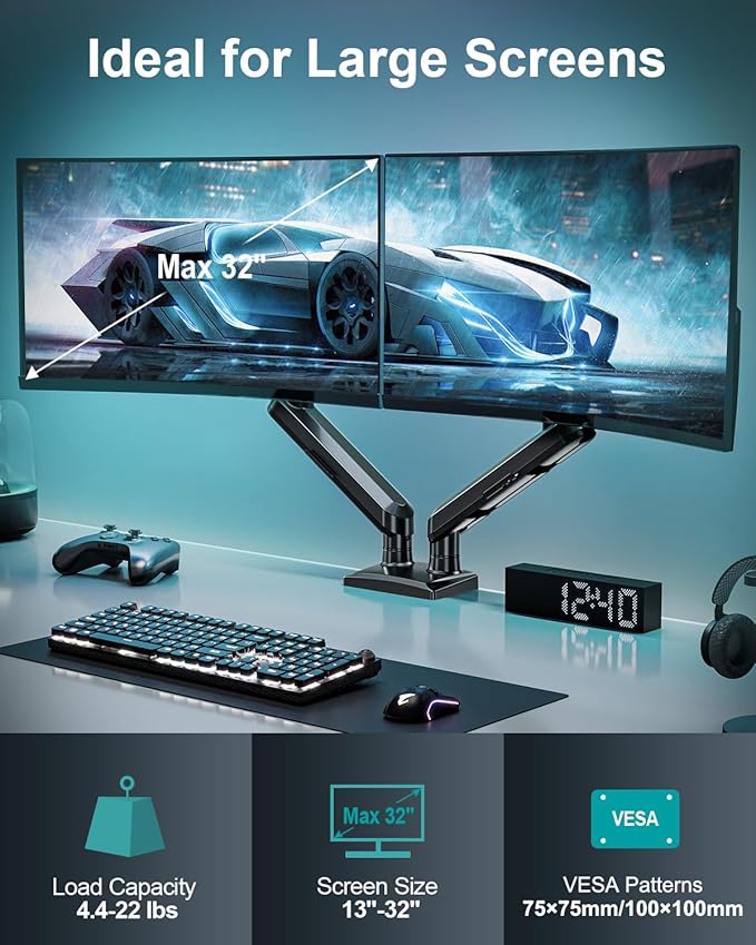 Dual Monitor Mount for 2 Monitors up to 32 inches, Height Adjustable Gas Spring Double Computer Stand, Two Display Desk Mount Holder, Each Monitor Arm Holds Max 22lbs, VESA Mount, Black, Freelift Pro-DeskLoop Office