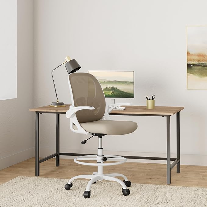 Primy Drafting Chair Tall Office Chair with Flip-up Armrests Executive Ergonomic Computer Standing Desk Chair with Lumbar Support and Adjustable Footrest Ring（Khaki）-DeskLoop Office