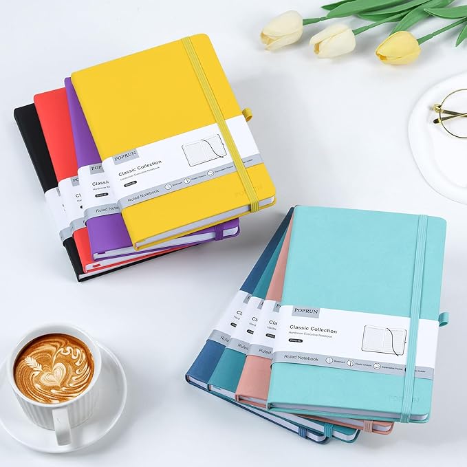 POPRUN A5 Lined Journal Notebooks, Leather Hardcover Thick Notebook for Writing, Business Work, Travel, School, College, Christmas, 5.5 x 8.3 inch, 240 Pages Classic Ruled Journals Notepad, Black-DeskLoop Office