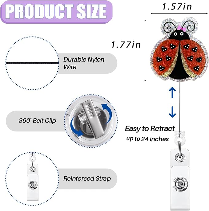 Glitter Ladybug Badge Reel Retractable - Image 2