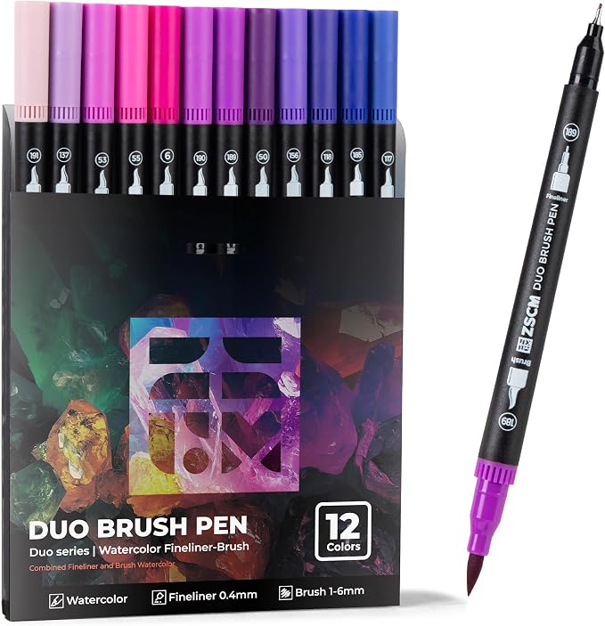 Purple Duo Tip Marker Pens, 12 Pack Fine & Brush Markers by ZSCM