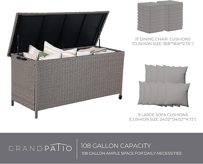 Grand patio 108 Gallon Deck Storage Box Indoor Outdoor Wicker Bin for Patio Furniture Cushions Garden Tools Pool Accessories, Greige-DeskLoop Office