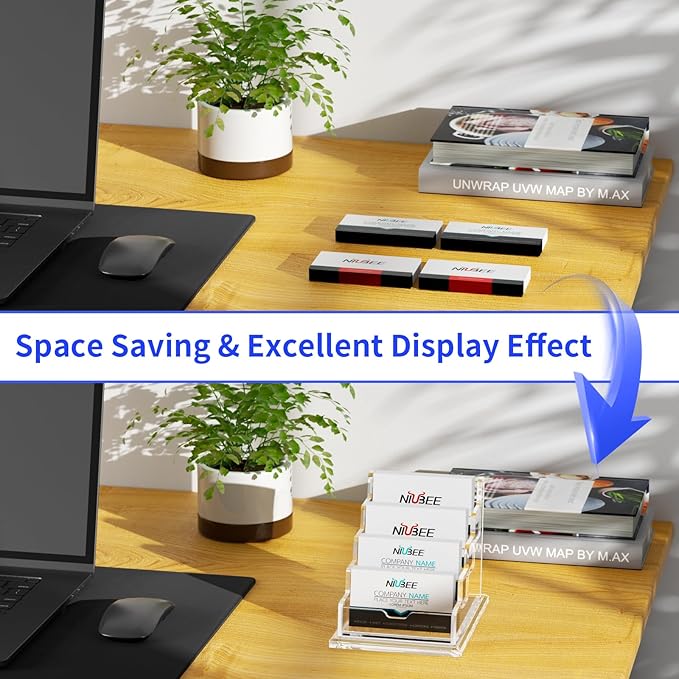 NIUBEE Clear Business Cards Holders 4 Tier Acrylic Card Holder for Business Cards, 4 Slots Business Card Display for Desk Counter, 300 Card Capacity, 1 Pack-DeskLoop Office
