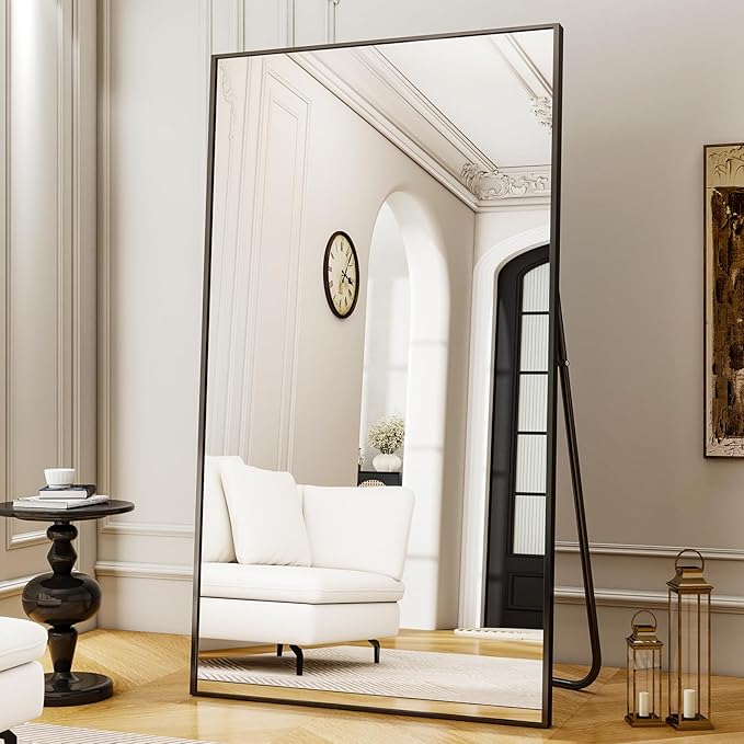 Full Length Mirror with Stand - 38"x77" Full Body Mirror for Floor, Wall Hanging or Leaning - Aluminum Alloy Frame for Living Room, Bedroom, Cloakroom - Black-DeskLoop Office