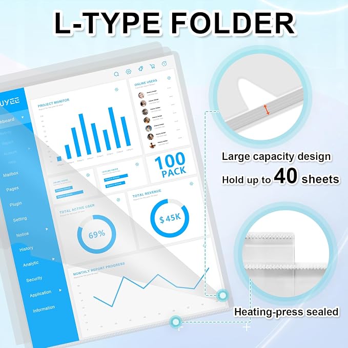 HOUYEE 100 Pack Heavy Duty Clear Document Folders, L-Type Folder Plastic Paper - Image 4