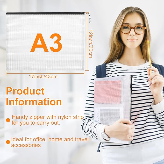 20pcs Plastic Mesh Zipper Pouch Bags, A3 17x12 Inches Extra Large Zipper Bags, Reusable Zipper Pouches for Classroom Office Supplies Organizing, Puzzles & Games, Board Game Organization-DeskLoop Office