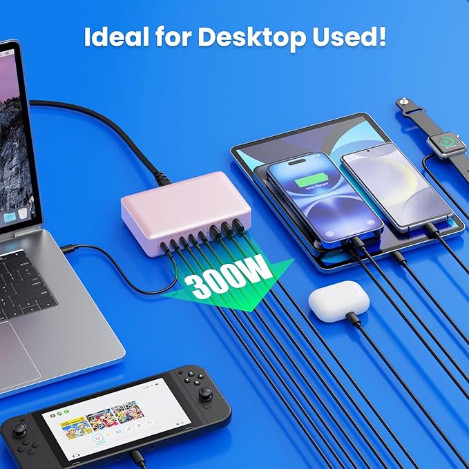 USB C Charger 300W USB C Charger Block 8-Ports GaN IV Fast Charging Station,PD 100W Laptop Charging Hub Wall Adapter Compatible with MacBook/Air,DELL,Steam Desk,iPhone 16/15/14,Galaxy S24-DeskLoop Office