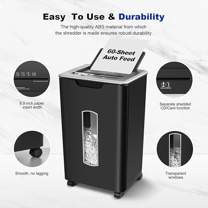 Paper Shredder for Home Office, 60 Sheets Auto Feed, 55dB Super Quiet, P-4 Cross Cut, 2.4m/min High-Speed Shredding, 5.8 Gallon Bin, CD/Credit Card Shredder with Anti-Jam & Dual Modes-DeskLoop Office