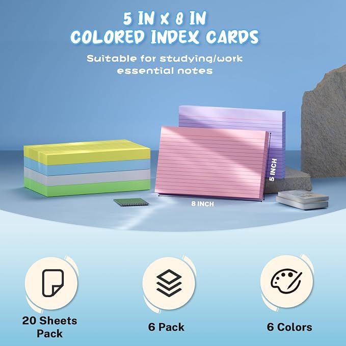 120 Count Index Cards 5x8, 6 Colors large Index Card, Colored Note Cards | 20 - Image 2
