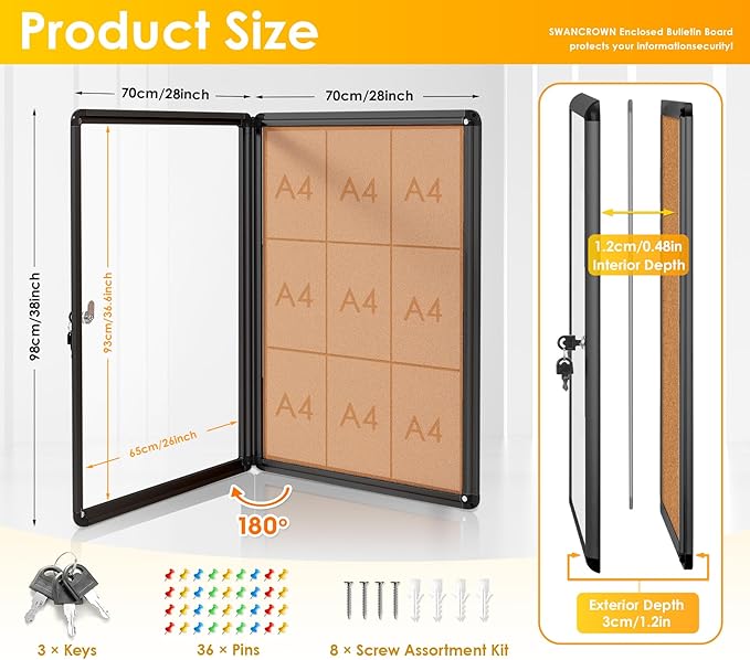 SWANCROWN Enclose Bulletin Board Case School Cork Noticeboards Cabinet with Locking Door and Keys,38x28 inch (9xA4)-DeskLoop Office