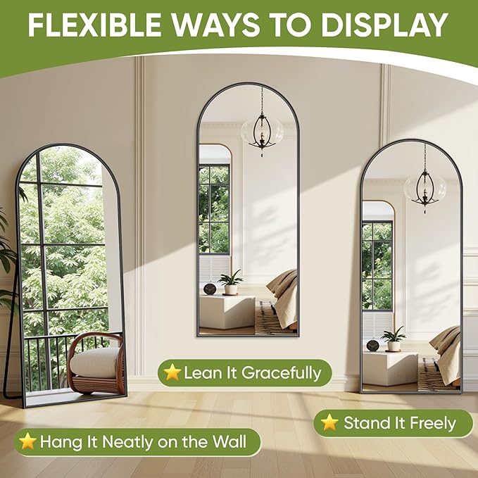 Full-Length Floor Mirror with Stand, 58"x18" Arched Style Full Body Standing Mirror for Bedroom, Living Room, Gym, Dorm - Shatter-Resistant & Easy Assembly, Black-DeskLoop Office