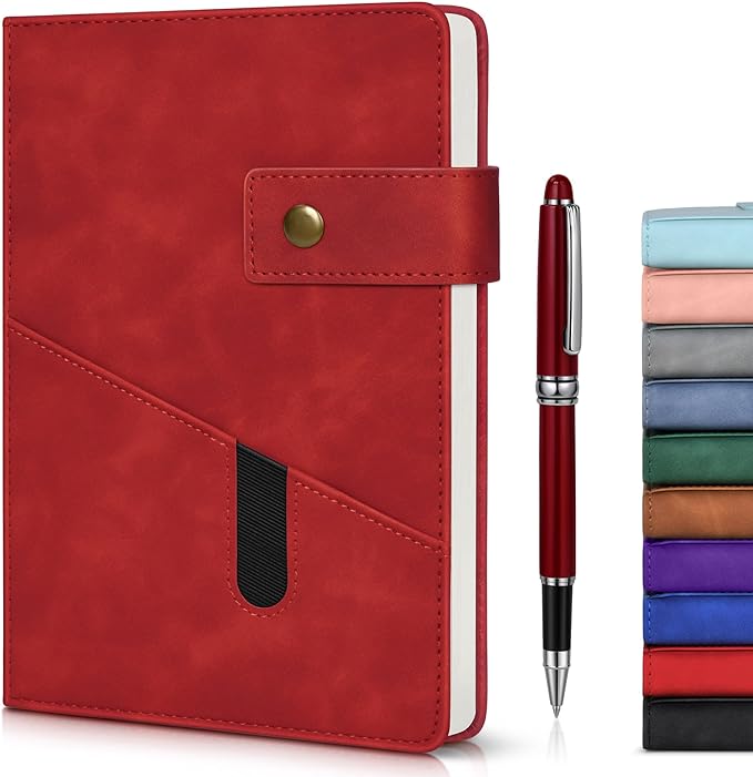 Red A5 Lined Leather Journal Notebook for Men Women,5.9" X 8.4" Personalized Hardcover Journal with Pen,200 Pages 100 Gsm Thick Ruled Paper Daily Diary for Travel,Business,Work,Writing-DeskLoop Office