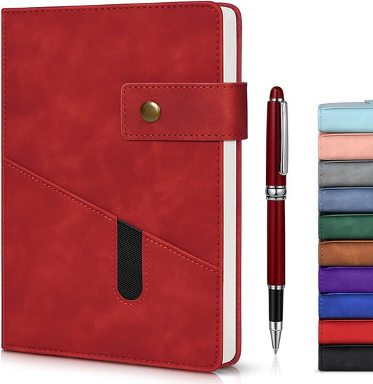 Red A5 Lined Leather Journal Notebook for Men Women,5.9" X 8.4" Personalized Hardcover Journal with Pen,200 Pages 100 Gsm Thick Ruled Paper Daily Diary for Travel,Business,Work,Writing-DeskLoop Office
