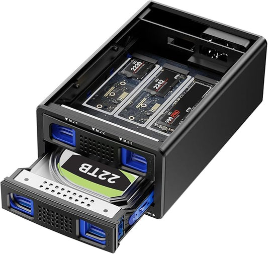 Hybrid 2.5/3.5" SATA HDD/SSD+3* M / B+M Key M.2 NVMe Enclosure with Cooling Fan and USB A/C 3.2 Gen 2 (10Gbps), Hard Drive Enclosure Support 46TB(22TB HDD+3*8TB 2230/2242/2260/2280/22110 SSDs)-DeskLoop Office