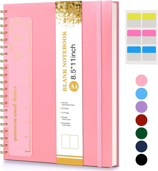 Blank Spiral Notebook Journal 8.5” x 11”, A4 Large Pink Sketch Book for Women Men, 100 GSM Blank Paper Drawing Notebook, Plastic Hardcover Spiral Bound Sketchbook for Sketching Work School Writing