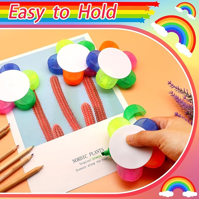 Petal Highlighters 8 PCS Multicolor Highlighter Pens with 5 Vibrant Colors 5 in 1,Flower Shape Fluorescent Pens, Portable & Smooth Writing for School Office Stationery Supplies-DeskLoop Office
