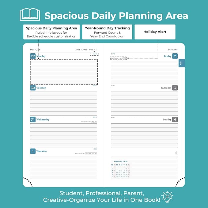 IN-LUXPRO Planner 2026 Daily Weekly and Monthly, 6.5"x3.75", 12 Months Spiral - Image 3