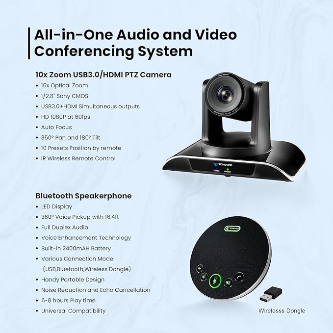 10x Zoom Conference Room Video Camera System, All-in-One HD 1080P 60fps 10X Optical Zoom USB3.0 HDMI PTZ Camera and Bluetooth Conference Speaker with Microphones Bundle for Medium Room-DeskLoop Office