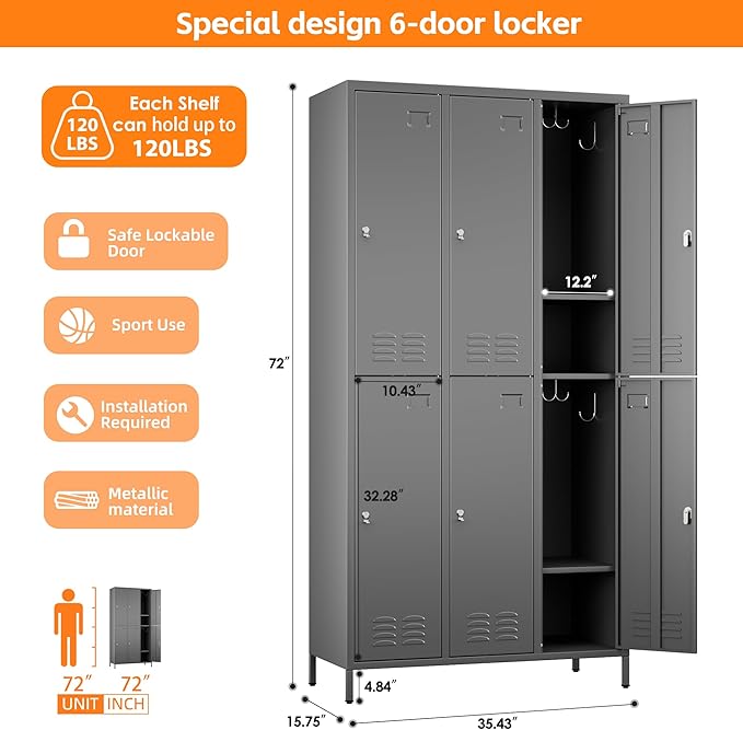 6 Doors Metal Lockers for Employees with 18 Hooks and Business Card Holder, Metal Locker with Ventilation Holes for School Garage Office Gym Home,Assembly Required,Dark Grey-DeskLoop Office
