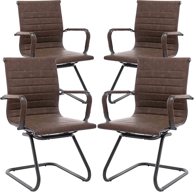 Office Desk Chair No Wheels Set of 4 PU Leather Computer Chairs Mid Back Guest Chairs for School Reception Conference Waiting Room, Vintage Brown-DeskLoop Office