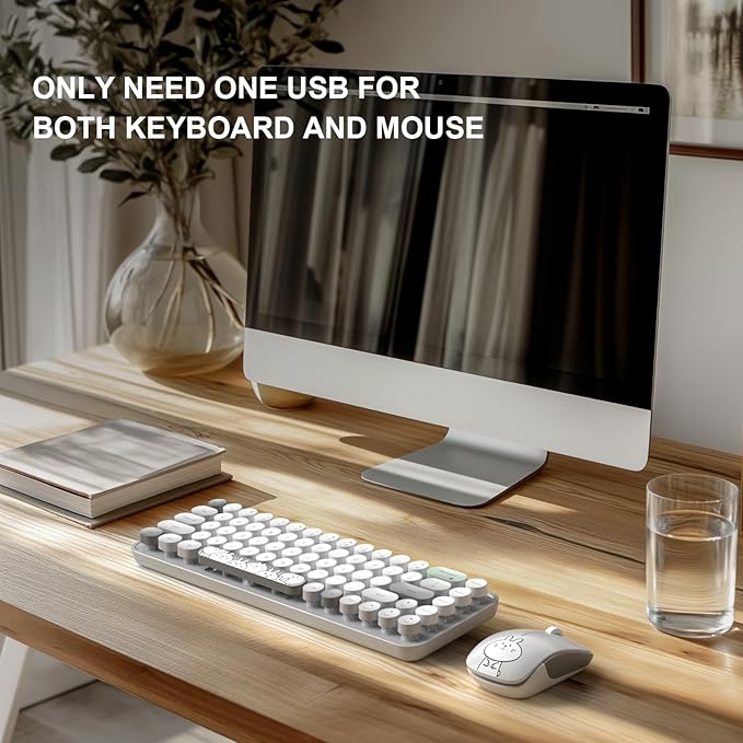 FOPETT Wireless Keyboard and Mouse Cute Mouse and Keyboard 2.4G Wireless Keyboards with Colorful 68 Keys Typewriter Retro Round Keycap for PC, Laptop,Tablet,Computer Windows - Grey Colorful-DeskLoop Office