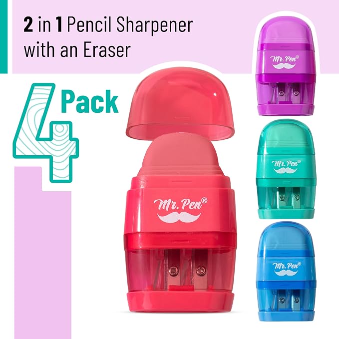 Mr. Pen- Pencil Sharpener & Eraser, 4 Pack | 2-in-1 Manual Sharpeners - Image 2