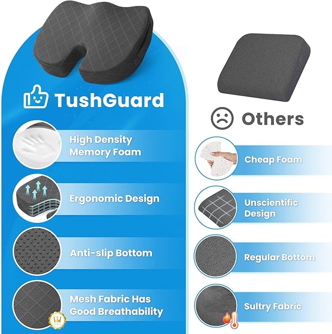 TushGuard Office Chair Cushions with Handles, Back&Seat Cushion, Sciatica & Back Coccyx Tailbone Discomfort Easing Chair Pad, Memory Foam Lumbar Support Pillow for Gaming, Desk, Wheelchair, Car(Grey)-DeskLoop Office