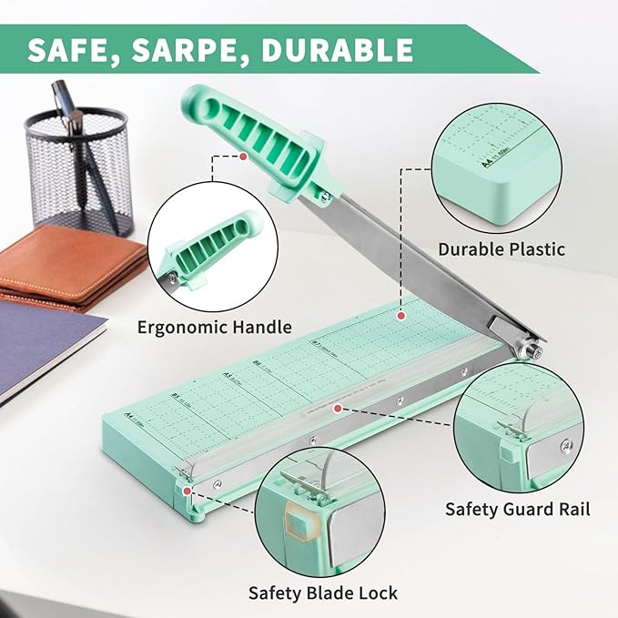 MAKEASY Paper Cutter 12 Inch, Guillotine Paper Cutter with 8 Sheet Capacity, Heavy Duty Paper Cutter for Cardstock, Paper Trimmer for Crafting, Classroom and Office, Green-DeskLoop Office